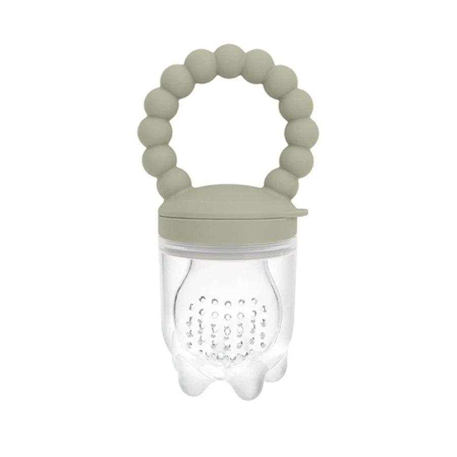 Silicone fruit feeder with beaded handle on a white background
