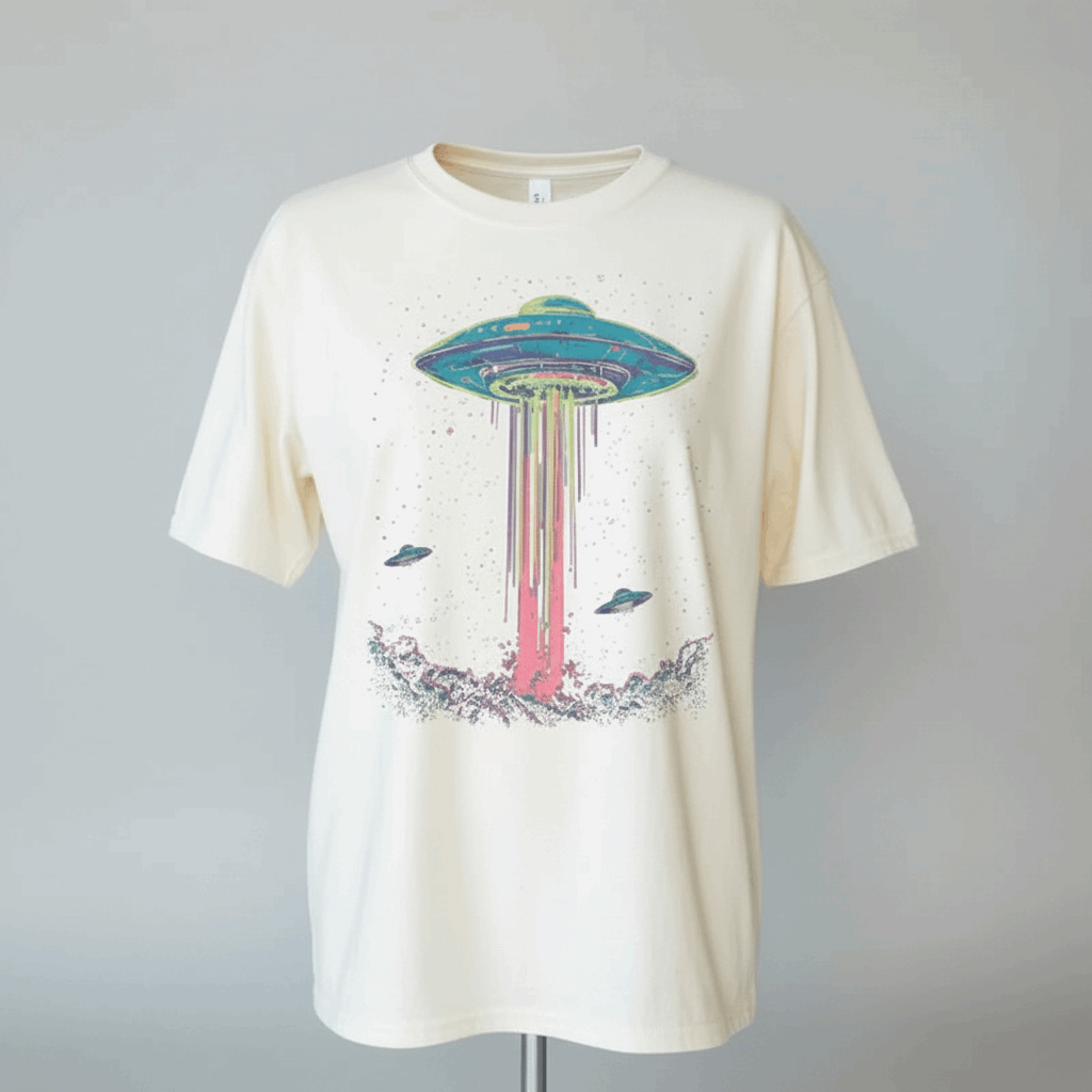 White t-shirt with a colorful UFO graphic on a gray background