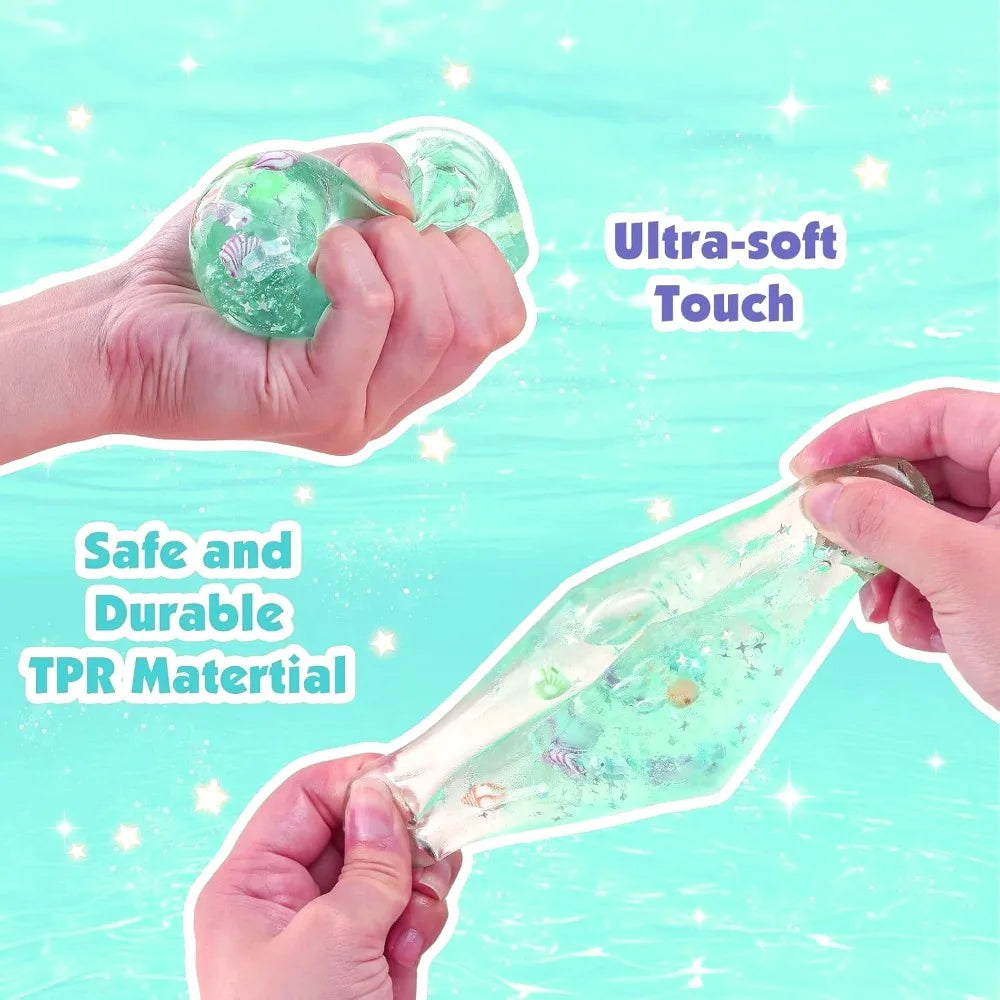 Hands holding green slime with text 'Ultra-soft Touch' and 'Safe and Durable TPR Material' on a light blue background.