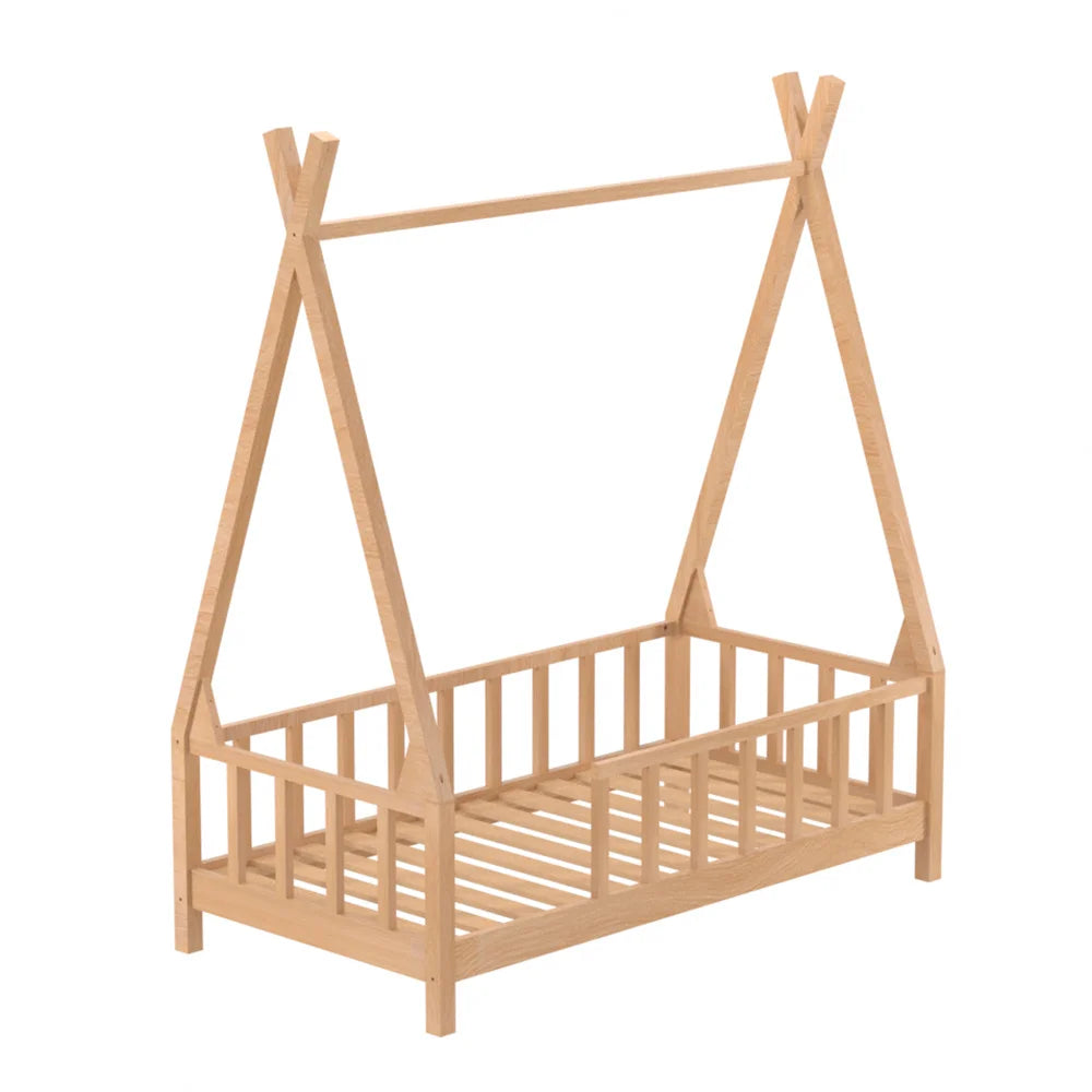 Wooden children's bed with a canopy on a white background
