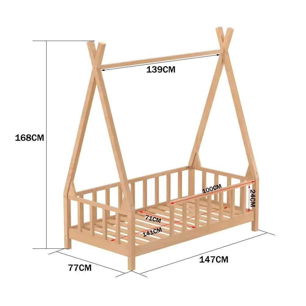 Wooden children's bed with dimensions labeled on a white background