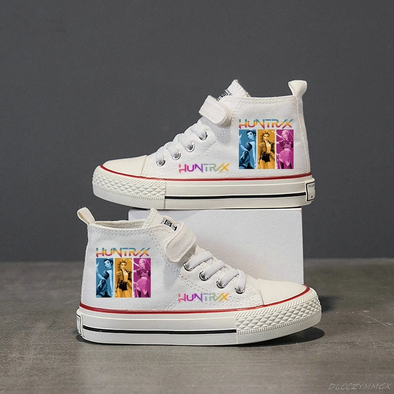 White sneakers with colorful graphic design on a dark background