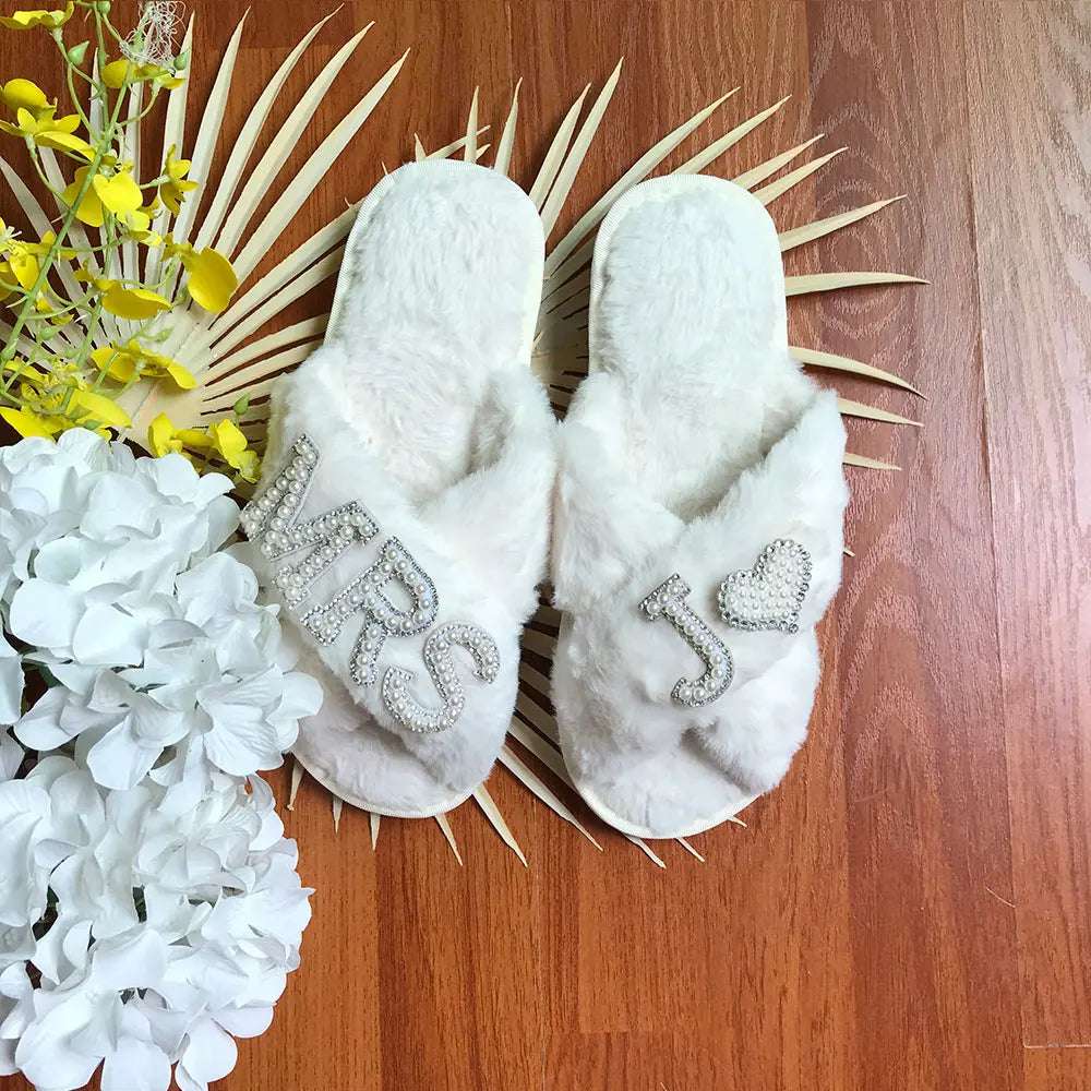 Personalised Bride Mrs Pearl Fluffy Slippers - slippers from Dear Cece - Just £24.99! Shop now at Dear Cece
