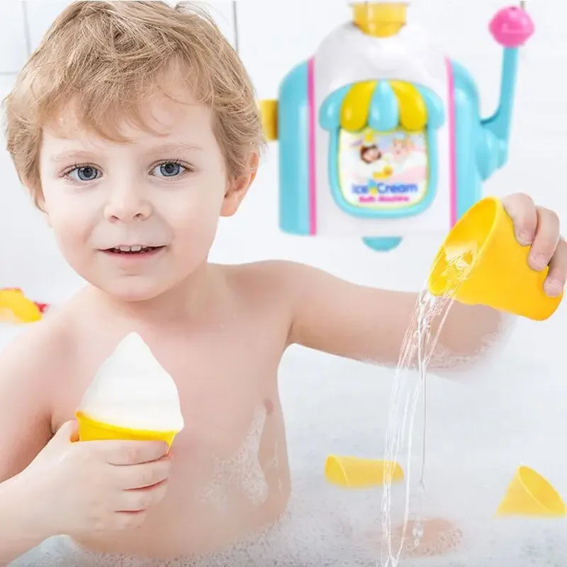 Child playing with a yellow toy in a bathtub, with a toy shower in the background.
