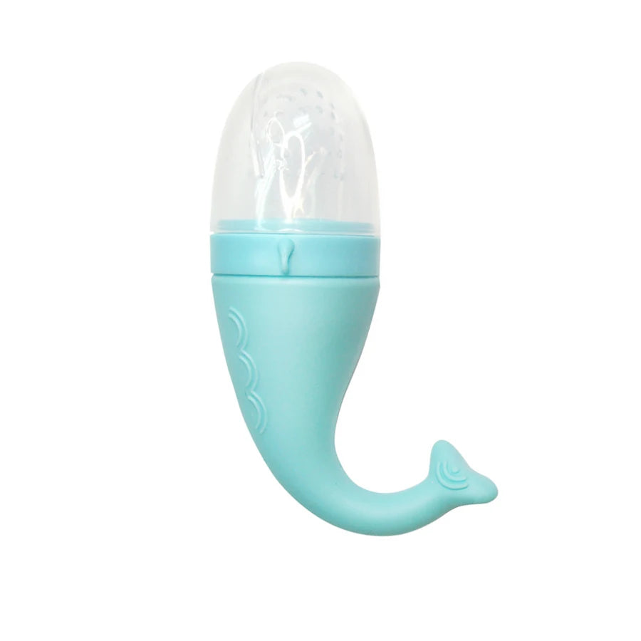 Teal baby bottle with a clear cap on a white background