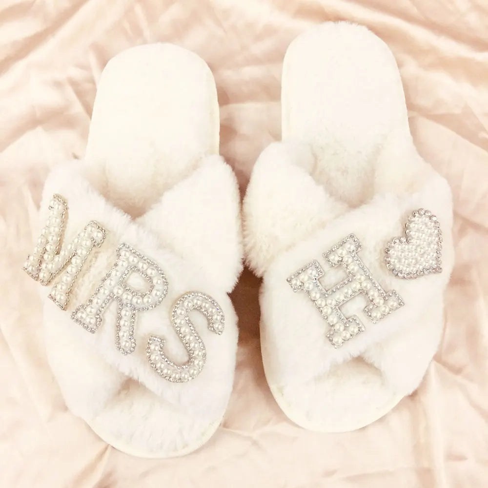 Personalised Bride Mrs Pearl Fluffy Slippers - slippers from Dear Cece - Just £24.99! Shop now at Dear Cece