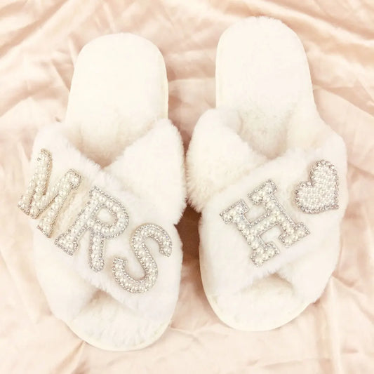 Personalised Bride Mrs Pearl Fluffy Slippers - slippers from Dear Cece - Just £24.99! Shop now at Dear Cece