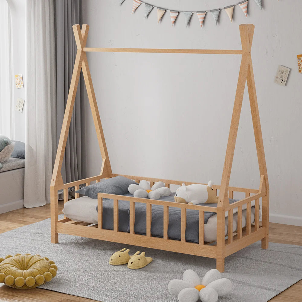 Wooden children's bed with a teepee top in a room setting