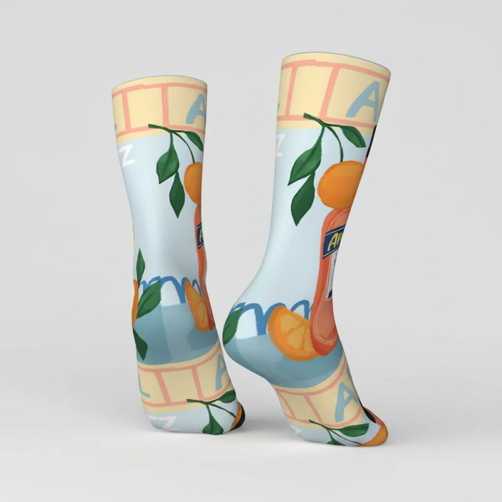Colorful socks with orange design on a white background
