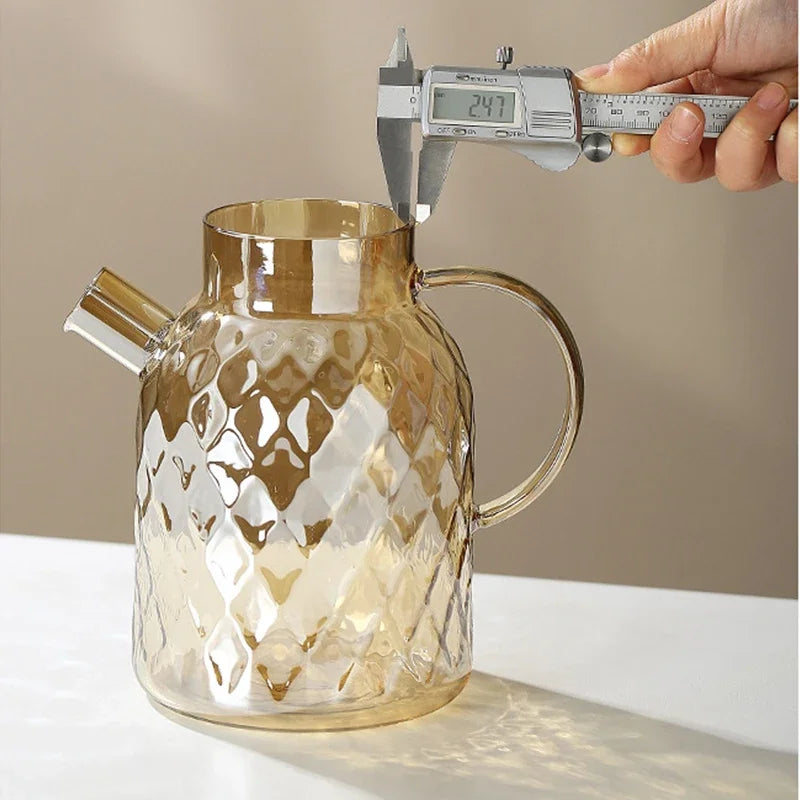 Glass pitcher with textured surface being measured with digital caliper against a neutral background