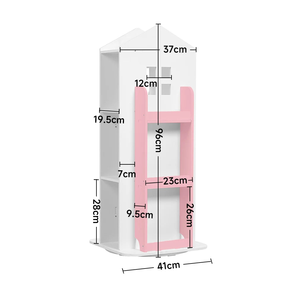 White and pink corner cabinet with dimensions labeled on a white background