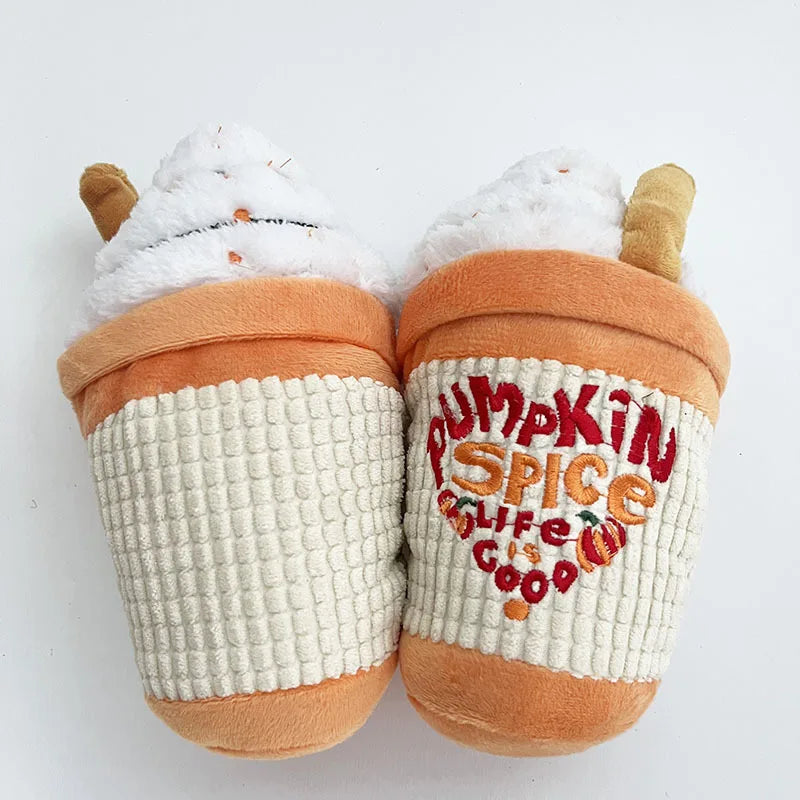 Pair of dog toys with 'Pumpkin Spice Life is Good' text on a white background