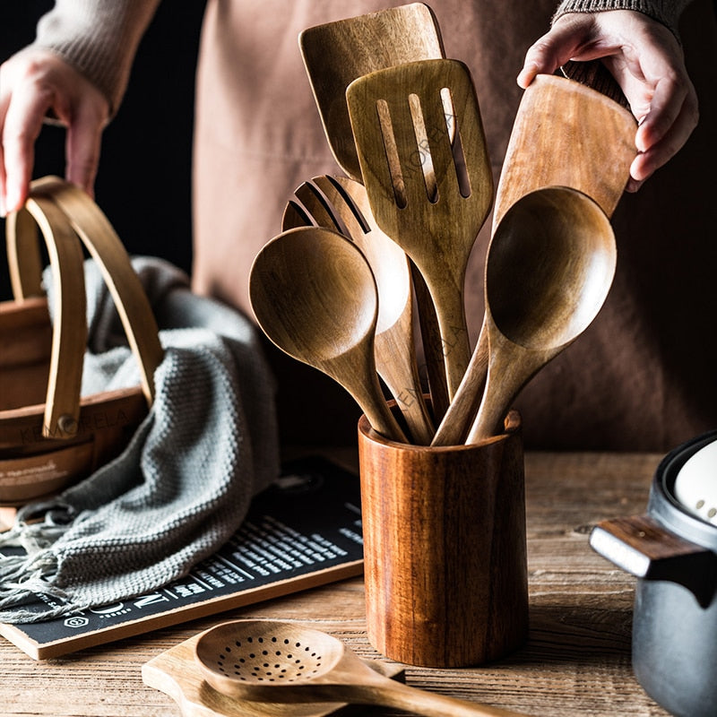 Natural Teak 9 Piece Wooden Cooking Utensils Set - kitchen Accessories from Dear Cece - Just £34.99! Shop now at Dear Cece