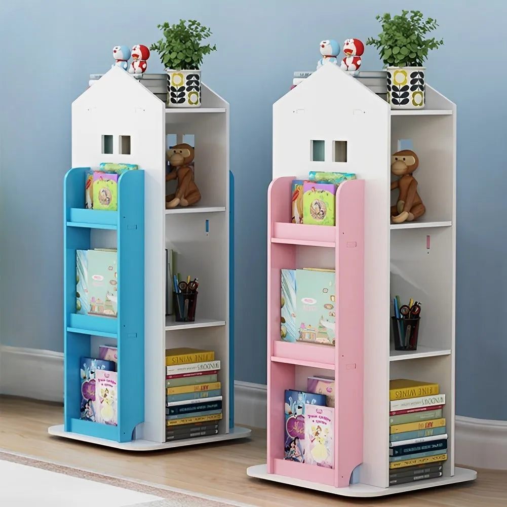 Two colorful children's bookshelves with toys and books against a blue wall.