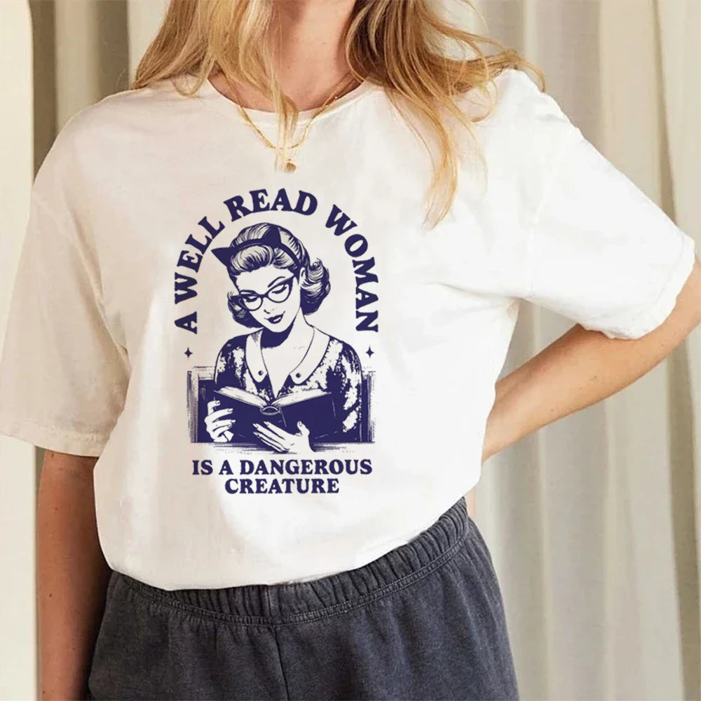 Model in Well Read Woman Book Lovers T Shirt