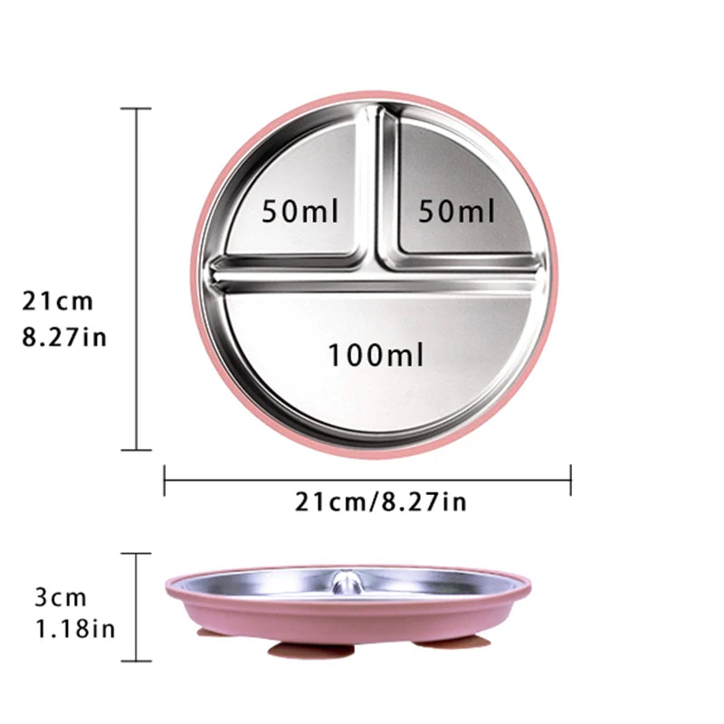 Measurement chart of a pink and silver divided baby plate with volume markings on a white background.