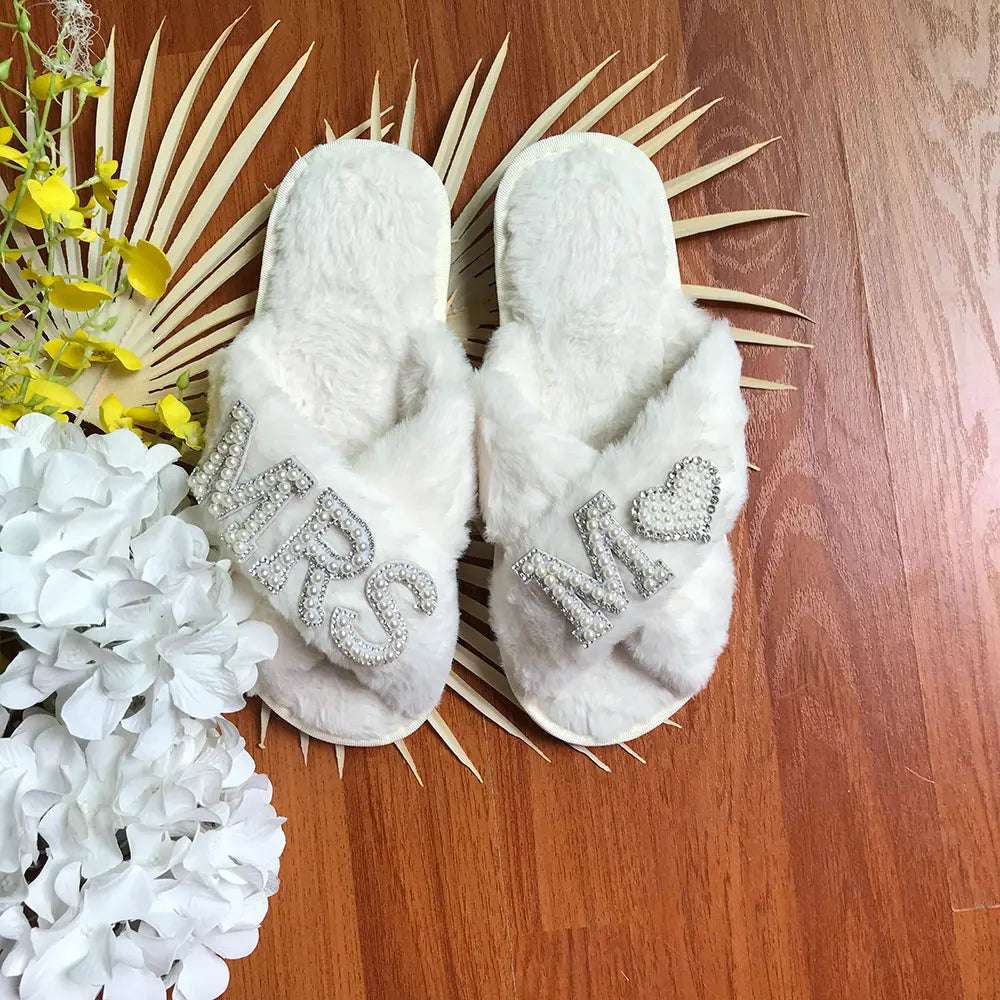 Personalised Bride Mrs Pearl Fluffy Slippers - slippers from Dear Cece - Just £24.99! Shop now at Dear Cece
