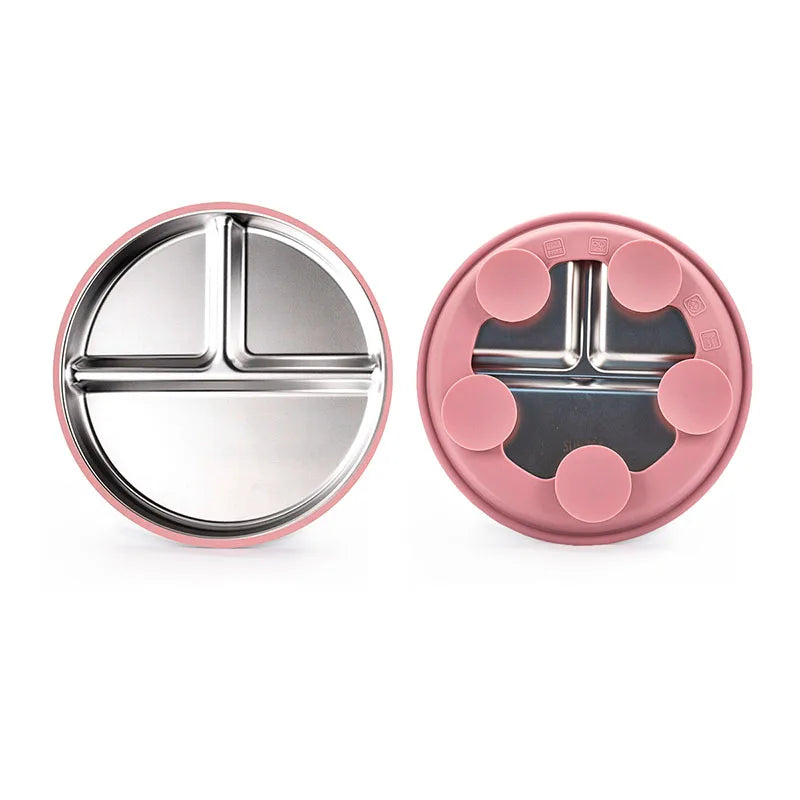 Pink and silver compartmentalized lid on a white background