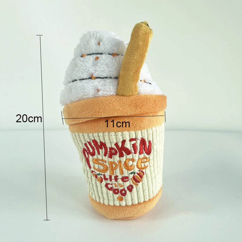 Plush toy resembling a pumpkin spice latte with measurements on a white background
