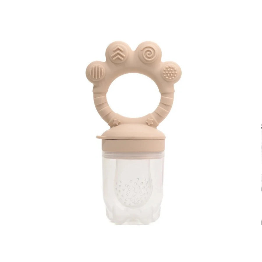 Beige baby teether with clear container on a white background