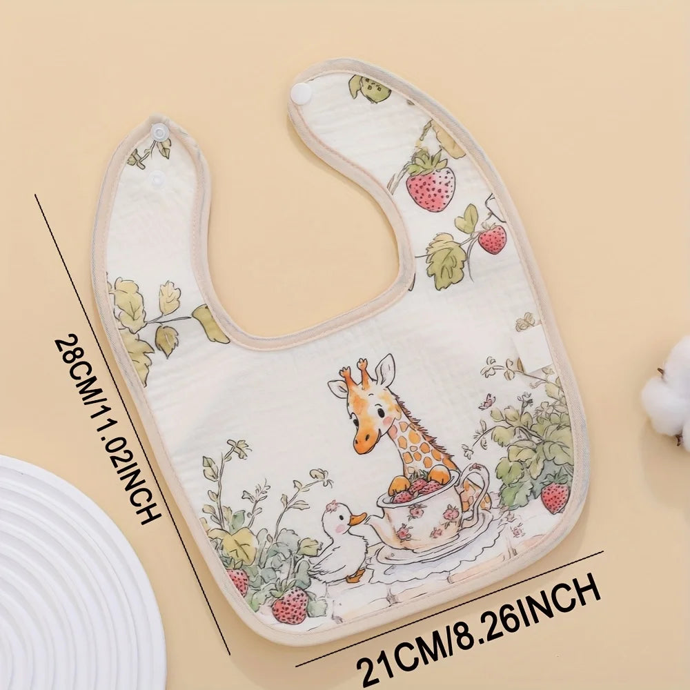 Baby bib with cartoon design of a giraffe and ducklings, shown with measurements on a beige background.