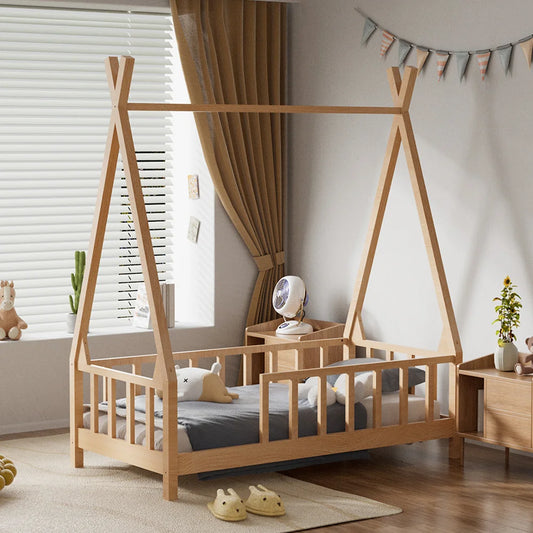 Wooden children's bed in a room with curtains and decor