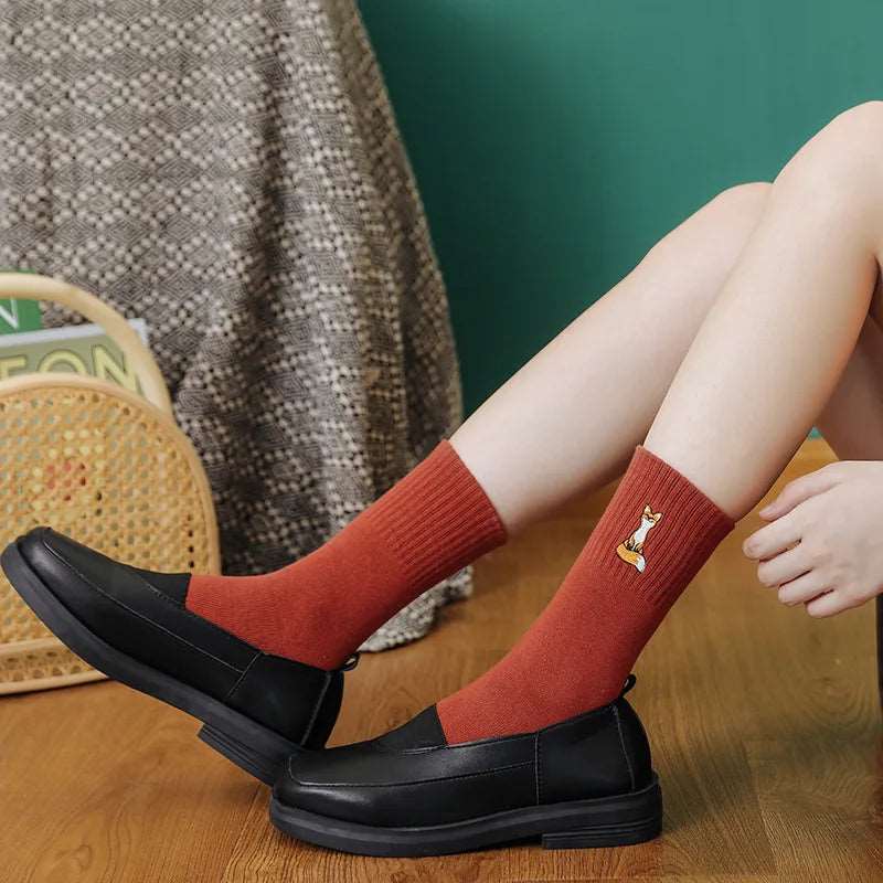 Red Autumn Vibes Embroidered Cotton Fox Socks