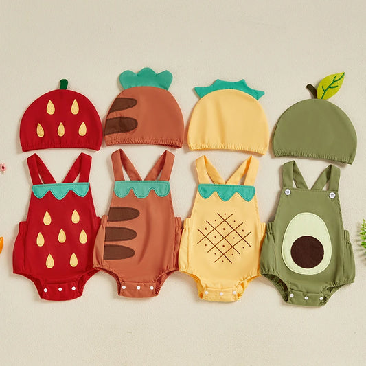 Set of four baby rompers and hats with fruit designs on a light background