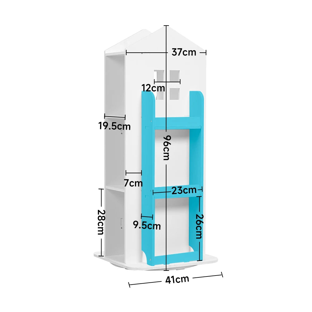 White and blue product with dimensions labeled on a white background