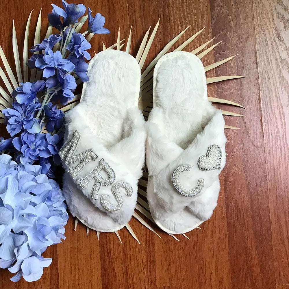 Personalised Bride Mrs Pearl Fluffy Slippers - slippers from Dear Cece - Just £24.99! Shop now at Dear Cece