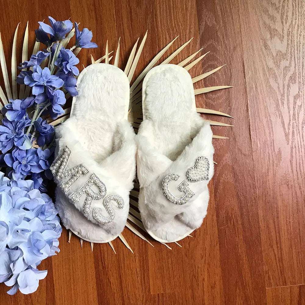 Personalised Bride Mrs Pearl Fluffy Slippers - slippers from Dear Cece - Just £24.99! Shop now at Dear Cece