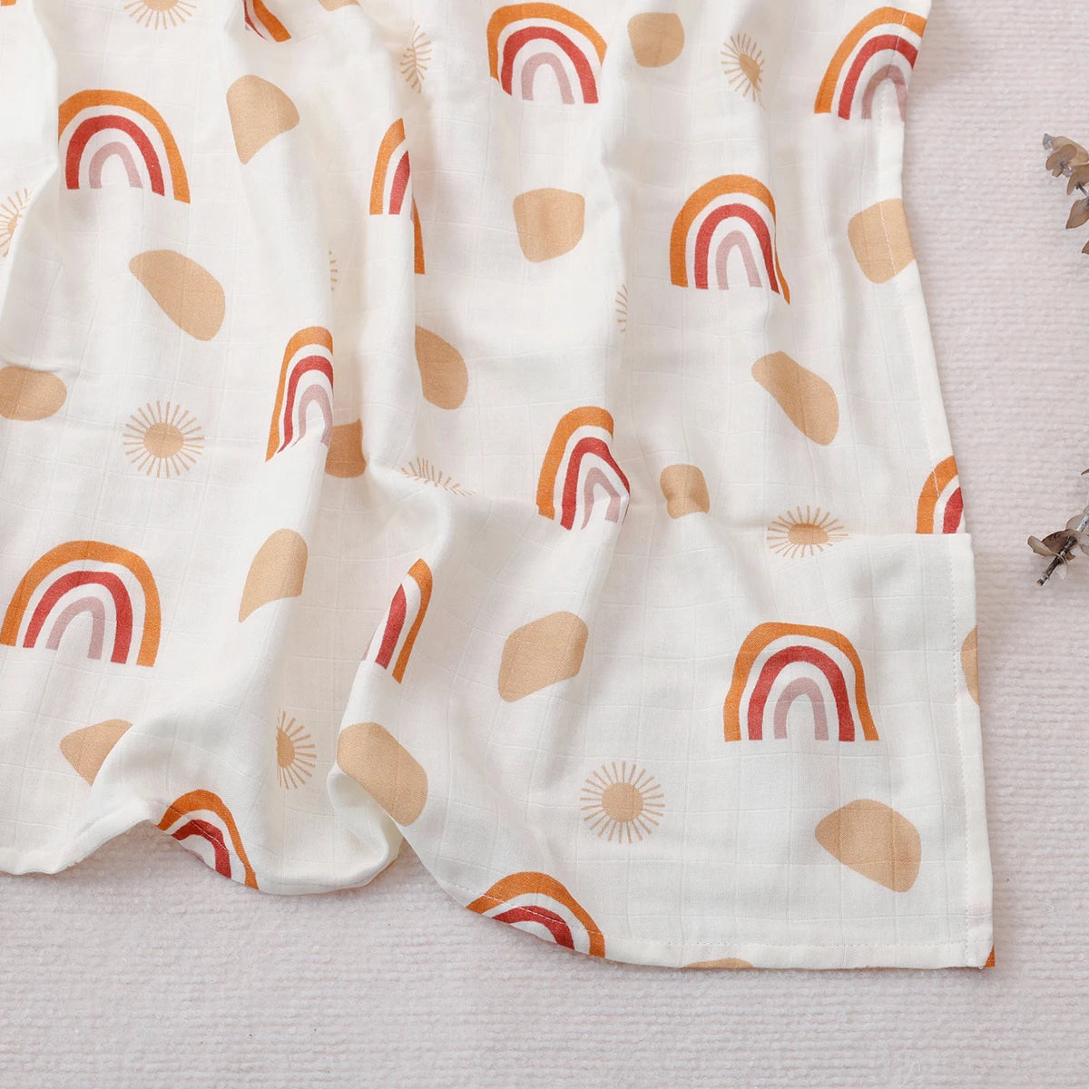 Curtains with rainbow and sun pattern on a light background