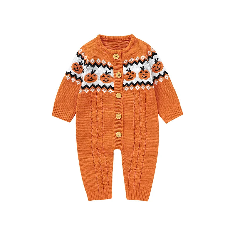 Orange knitted baby romper with pumpkin pattern on a white background