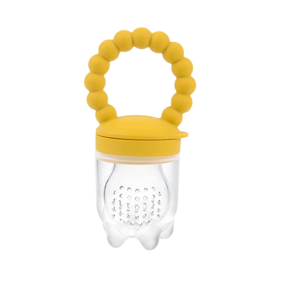Yellow baby teether with clear container on a white background