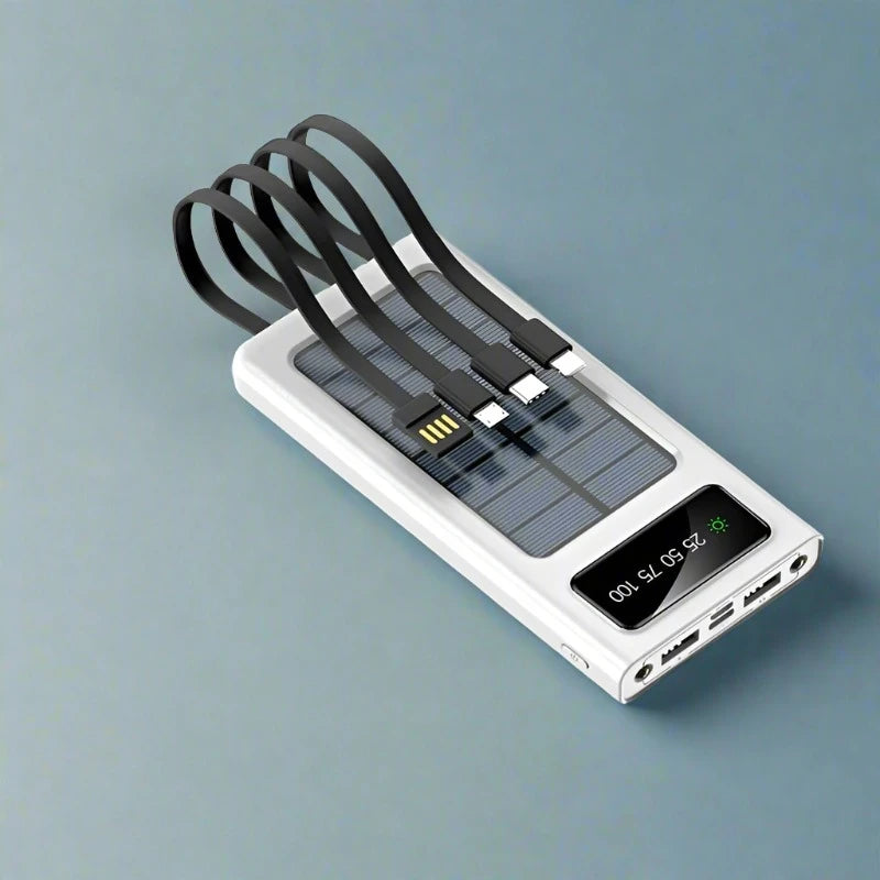 White Solar Power Bank with Built In Cables