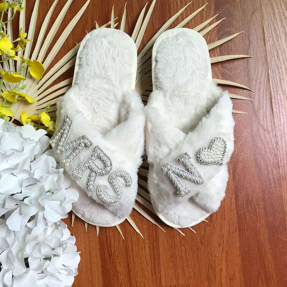 Personalised Bride Mrs Pearl Fluffy Slippers - slippers from Dear Cece - Just £24.99! Shop now at Dear Cece