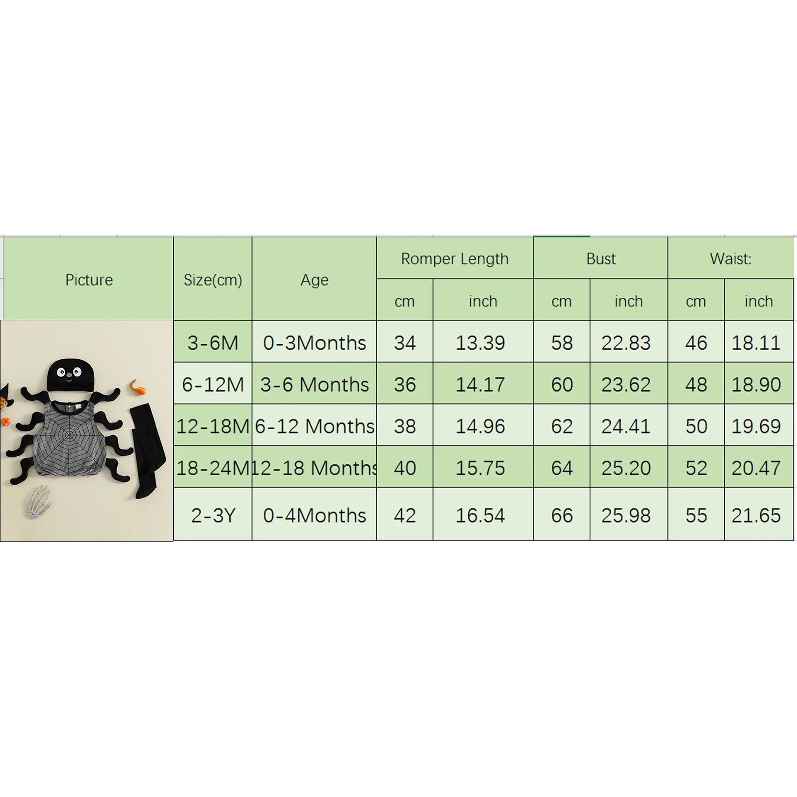 Size chart for children's rompers with measurements in centimeters and inches.