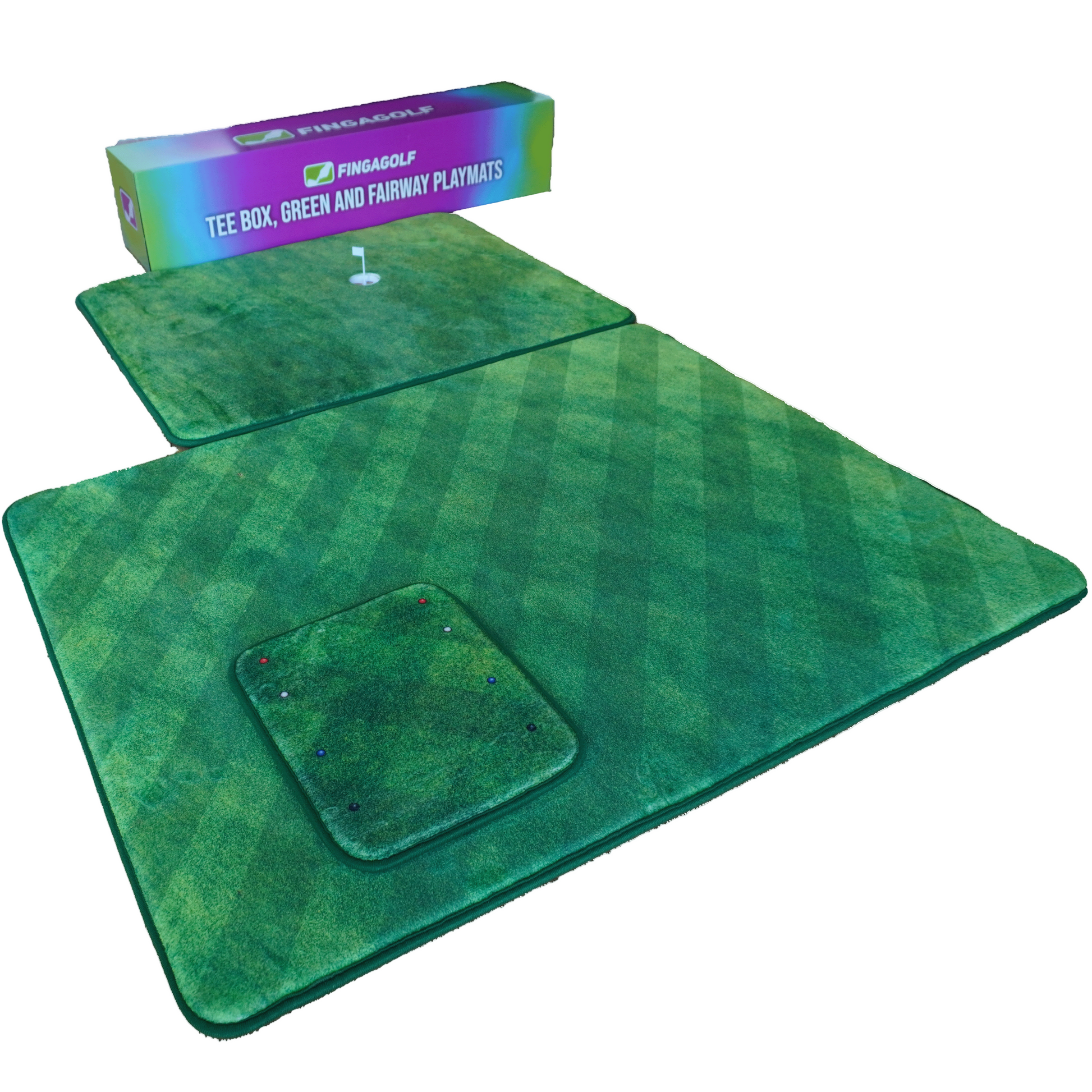 Two green golf play mats with a packaging box labeled 'FingaGolf' on a white background.