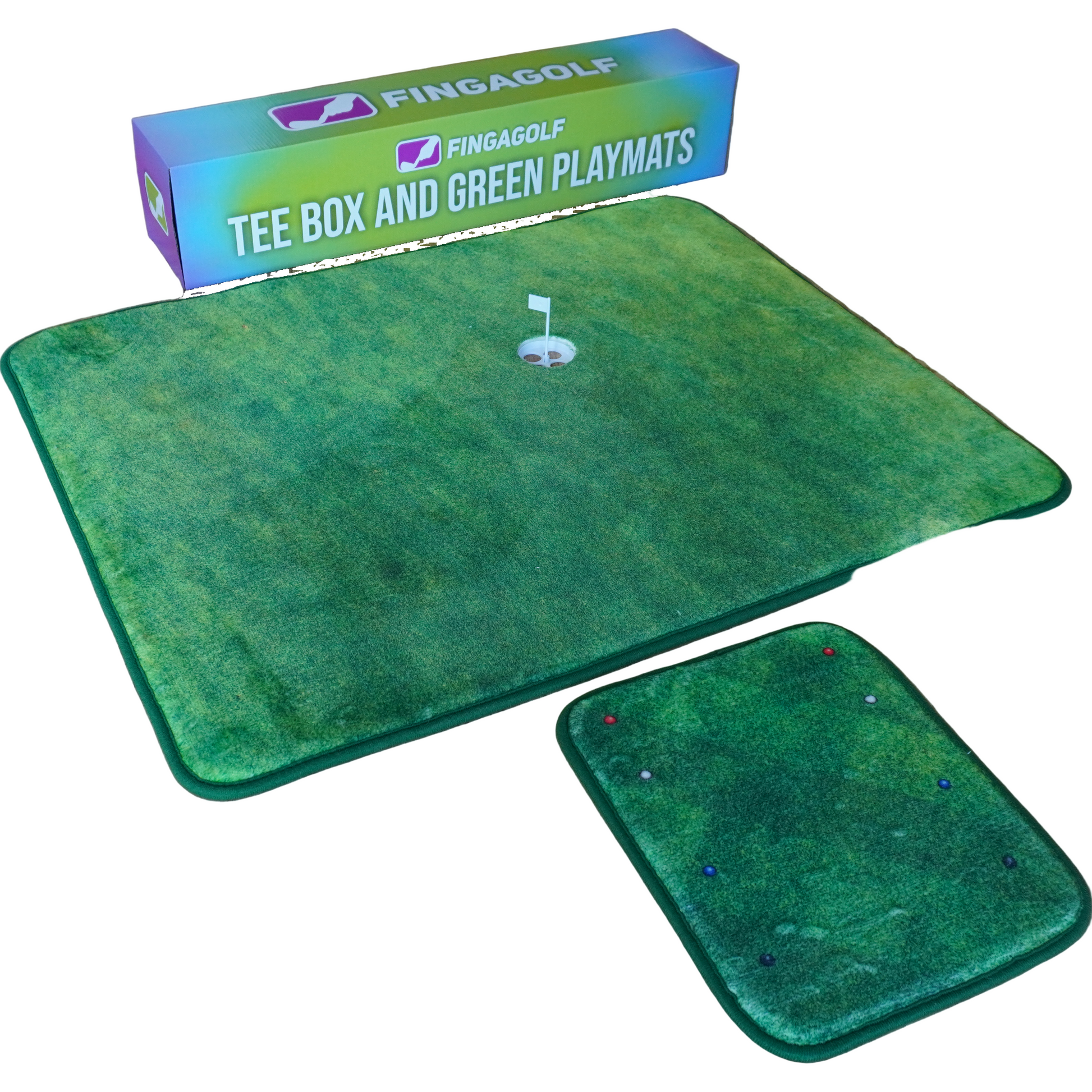 Green golf practice mat with a smaller inset mat, branded as FINGAGOLF, on a white background.