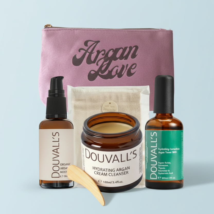 Douvall's skincare products including bottles, a jar, and a pouch on a white background