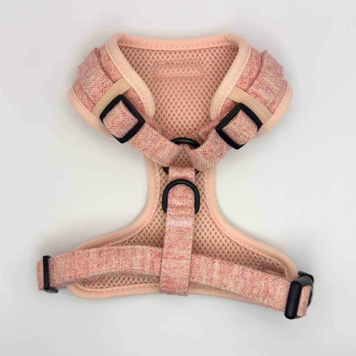 Pink dog harness with black buckles on a light gray background
