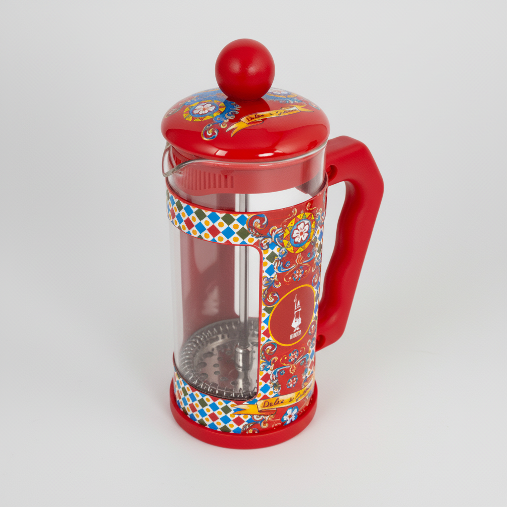 Red French press coffee maker with colorful pattern on a transparent background