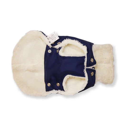 Navy blue pet coat with white fur lining on a white background