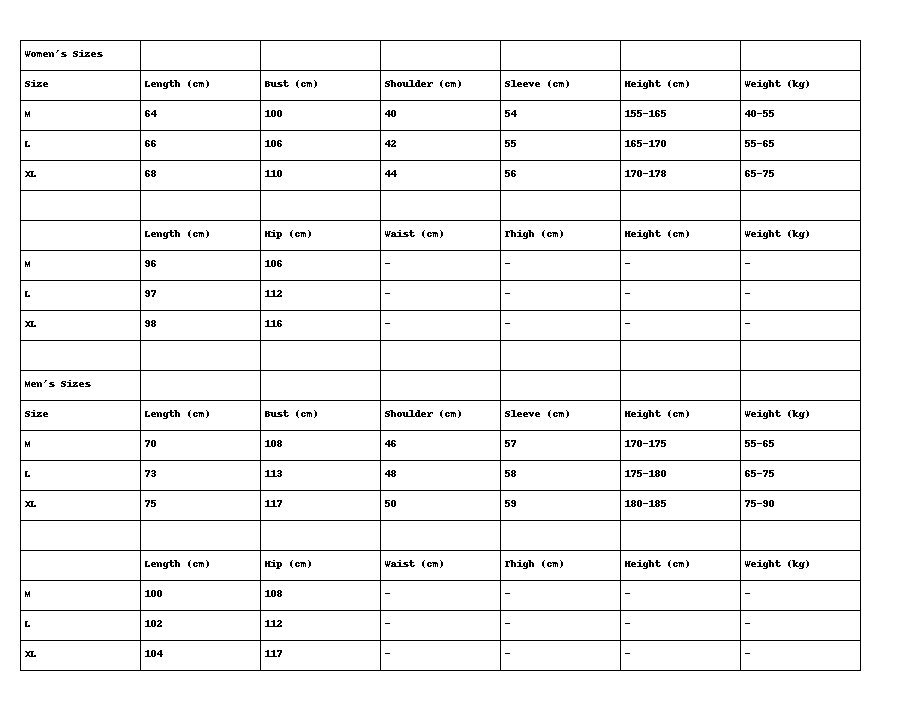 Size chart for women's clothing with measurements in centimeters and weight in kilograms.