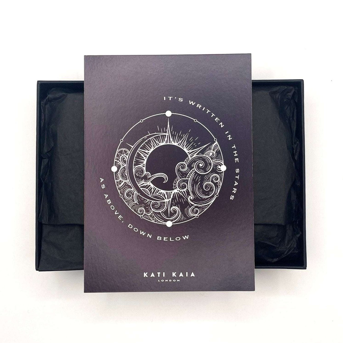 Purple packaging box with star and moon design and text, featuring the brand 'Kati Kaia'.