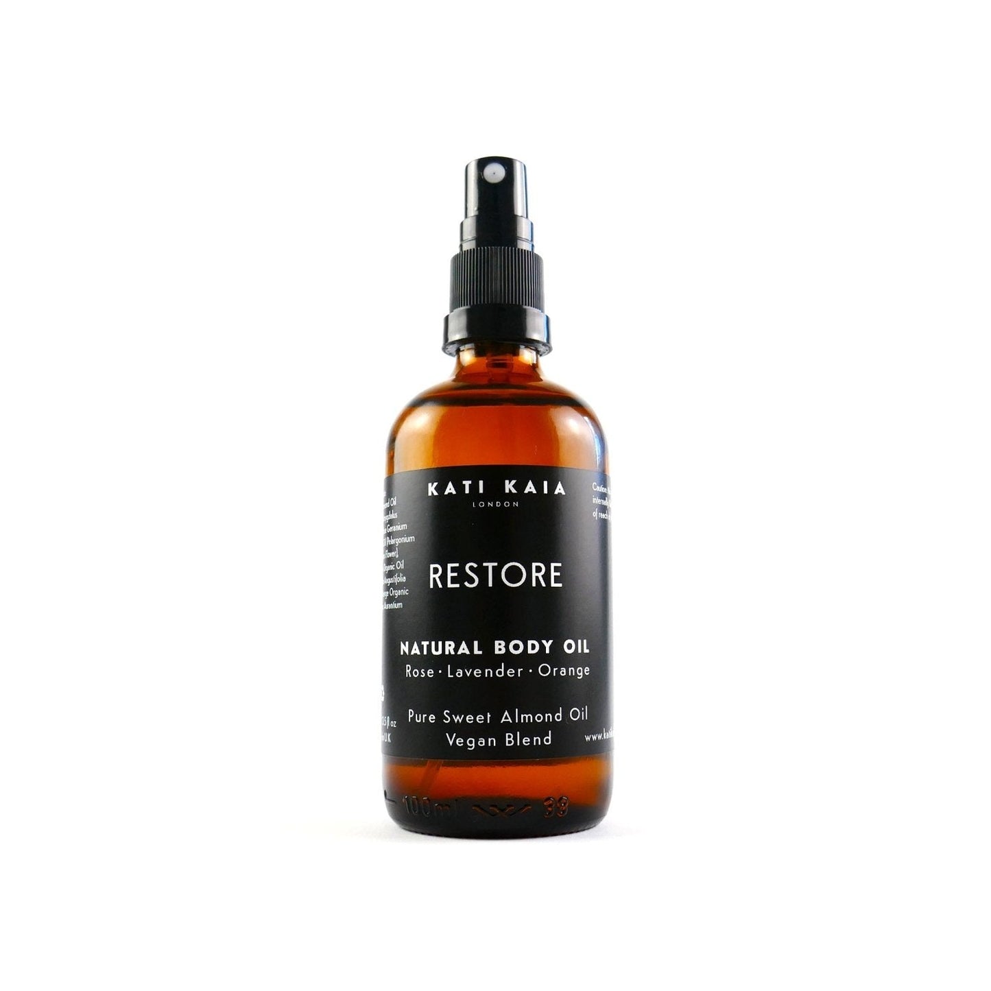 Bottle of Kati Kaia Restore natural body oil on a white background
