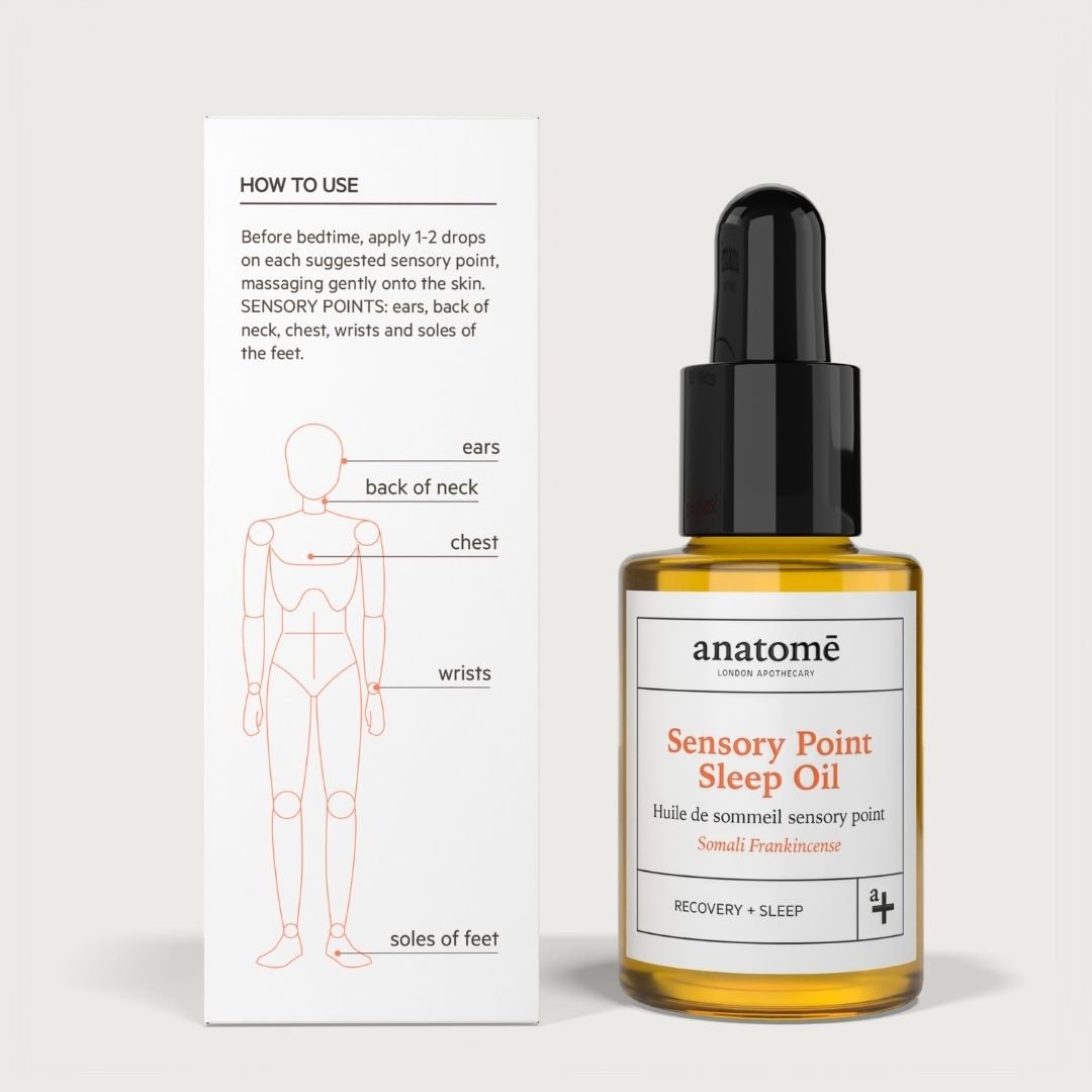 Anatomé Sensory Point Sleep Oil bottle with dropper and usage guide on a white background