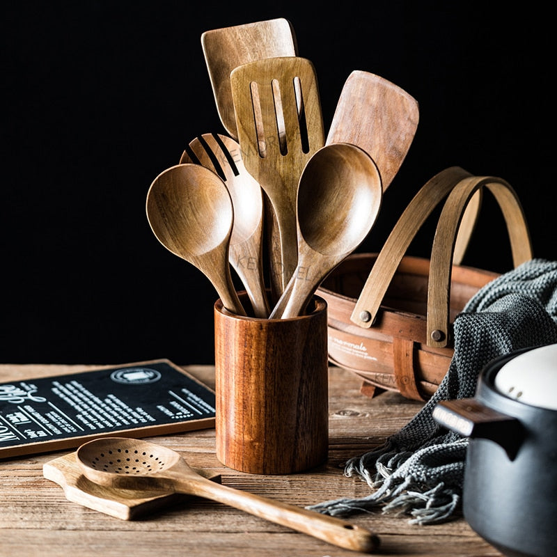 Natural Teak 9 Piece Wooden Cooking Utensils Set - kitchen Accessories from Dear Cece - Just £34.99! Shop now at Dear Cece