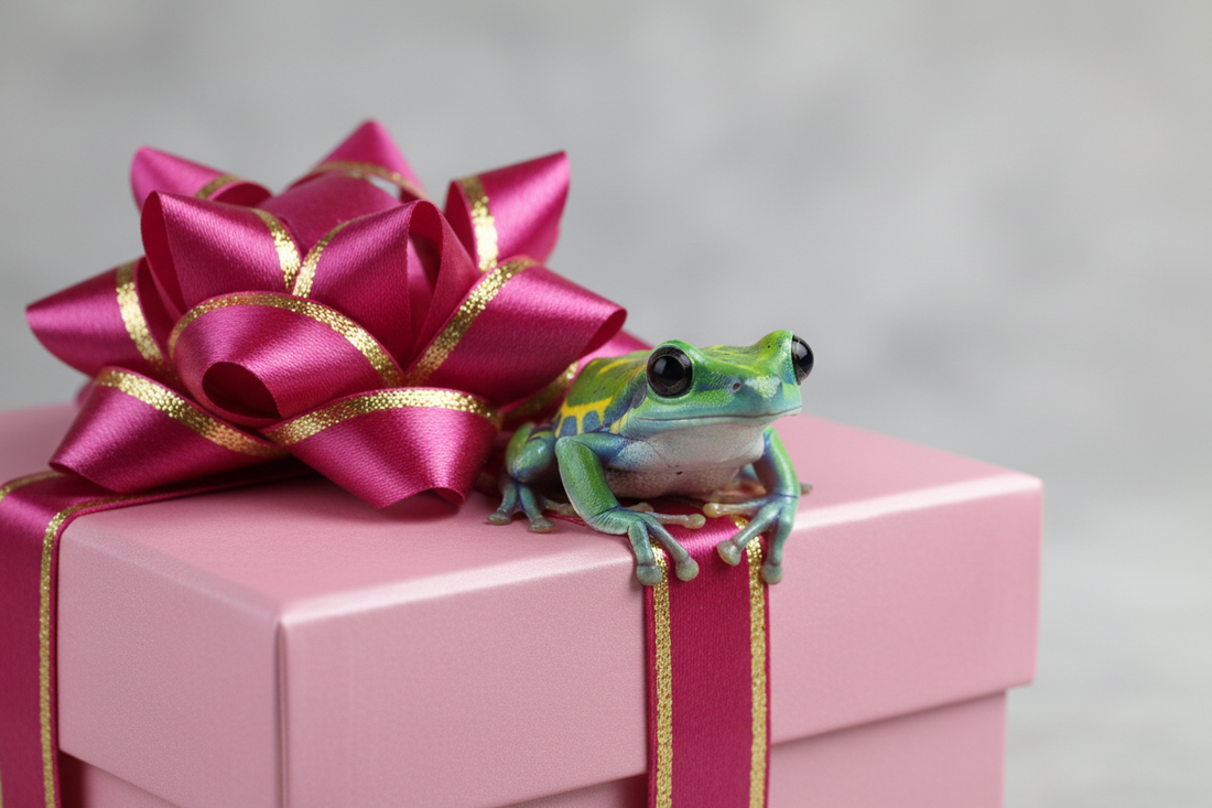 treefrog sat on a pink gift box