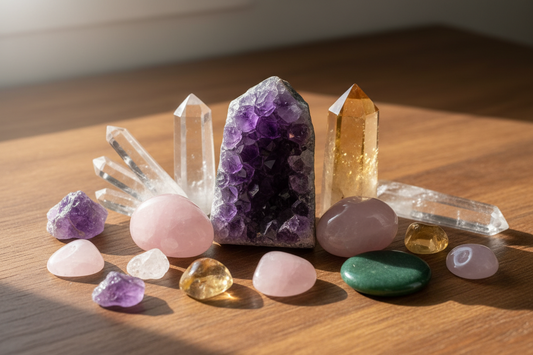 Healing crystals on brown background